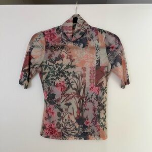 Anthropologie Floral Mesh Mockneck Top